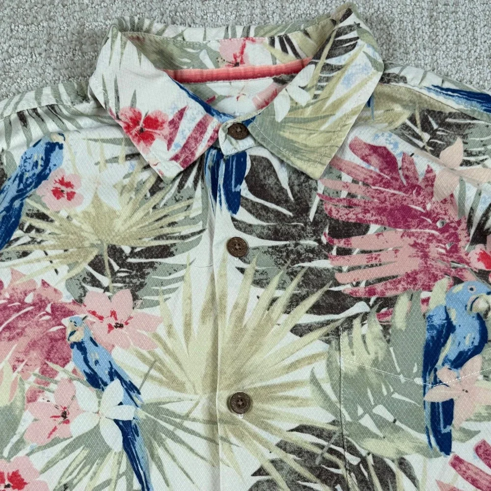 Tommy Bahama Mens Large Parrot Floral 100% Silk Short Sleeve Button Up Shirt